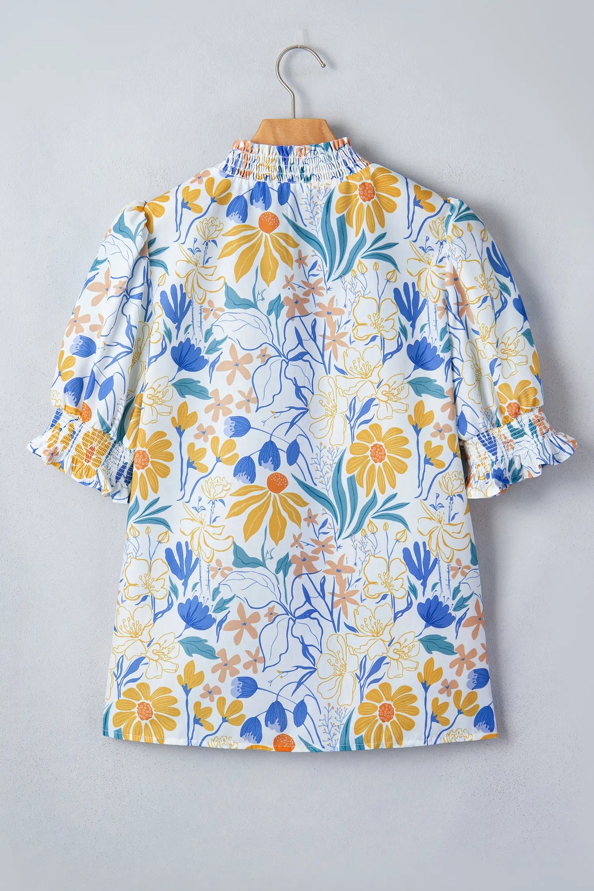 Floral Print Striped Trim V Neck Puff Sleeve Blouse – Yellow
