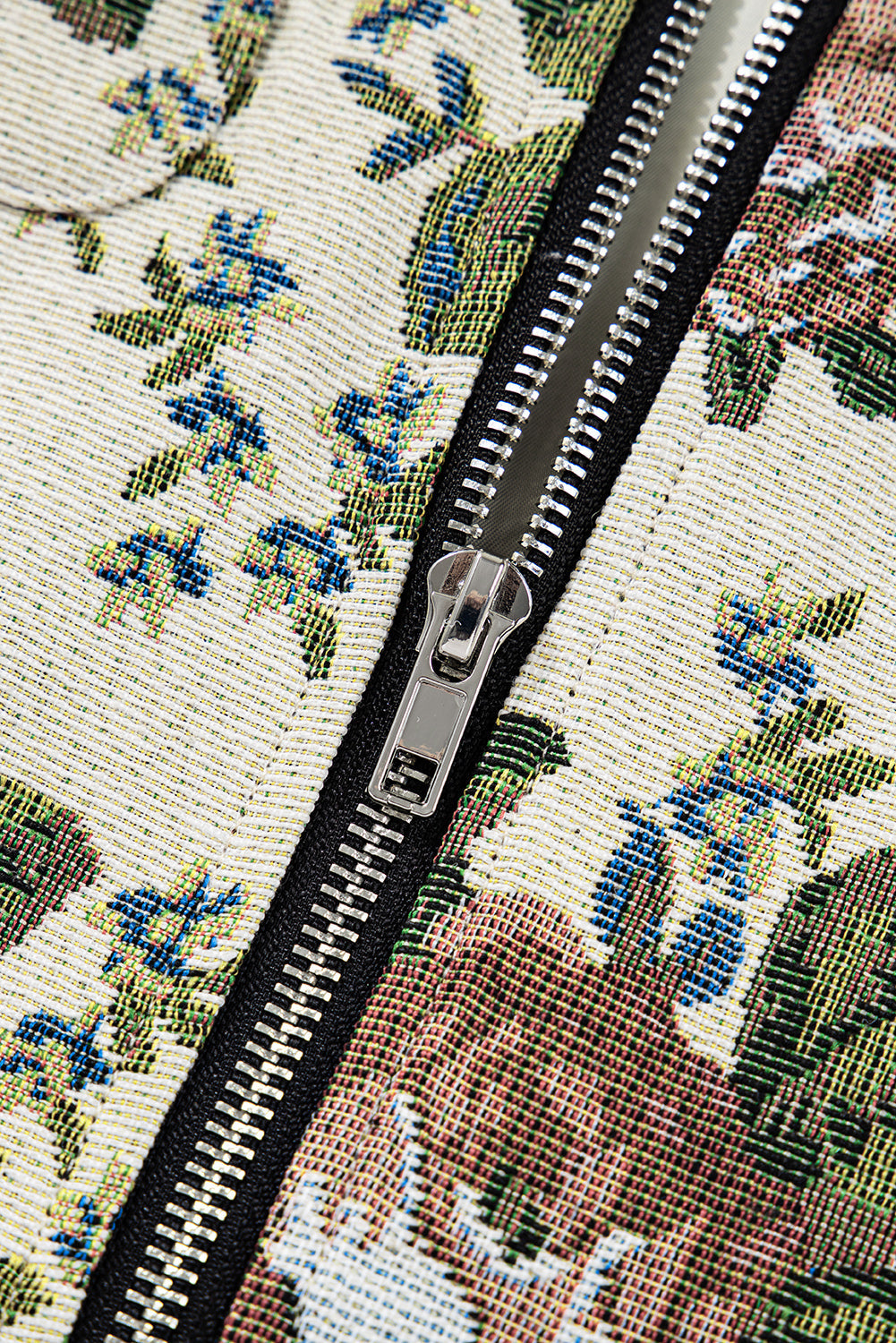 Khaki Floral Print Zip Up Contrast Collared Jacket - eAura