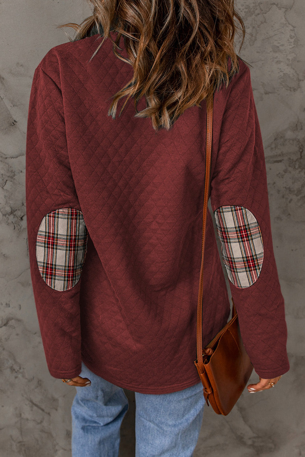 Fiery Red Geometric Texture Plaid Trim Sweatshirt eAura