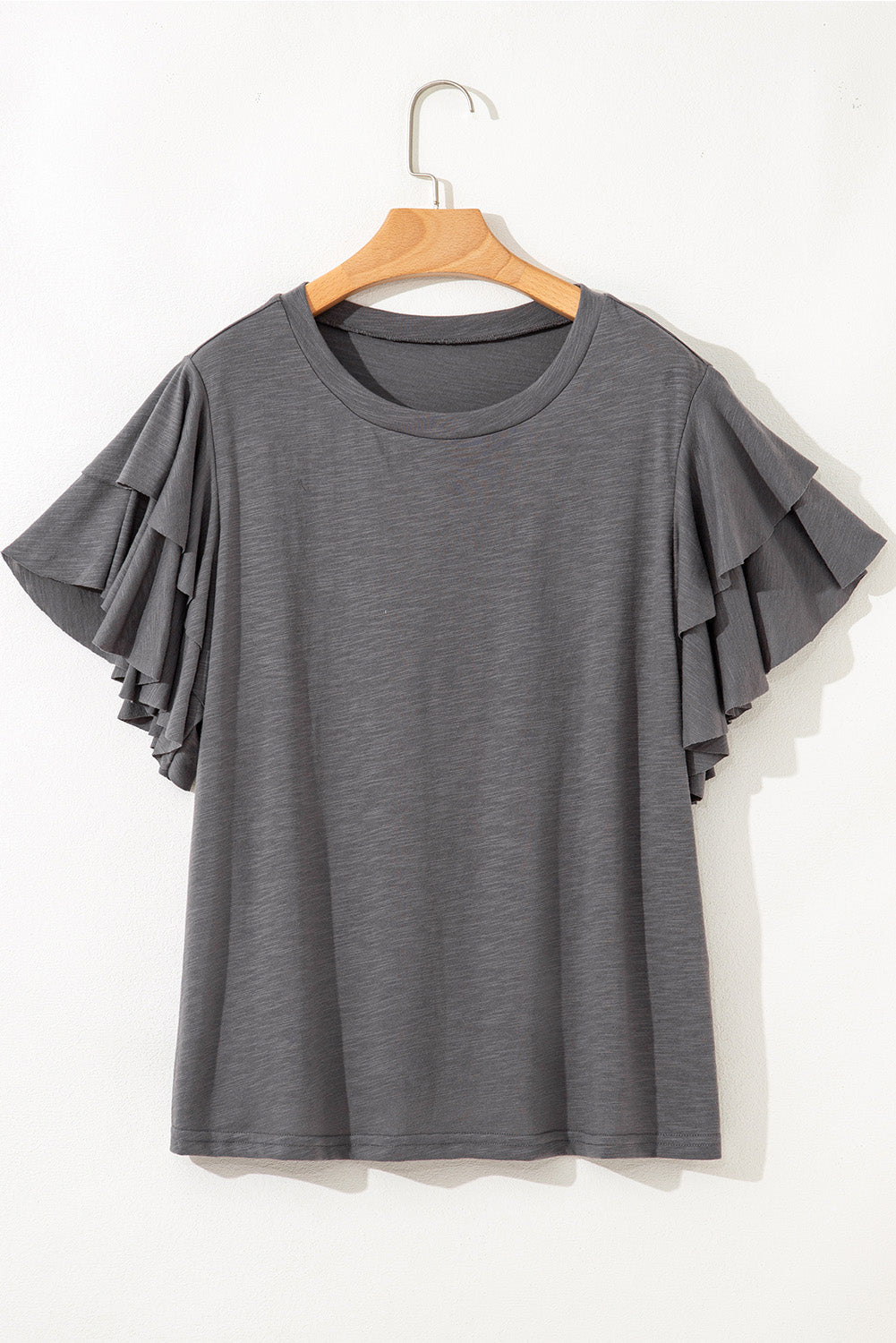 Dark Grey Double Ruffled Short Sleeve Plus Size Top BB Fashion Outlet