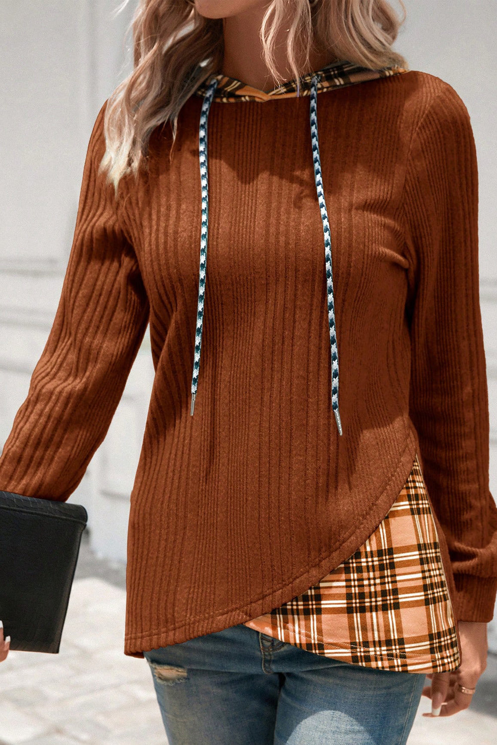 Plaid Patchwork Ribbed Drawstring Hooded Top - eAura