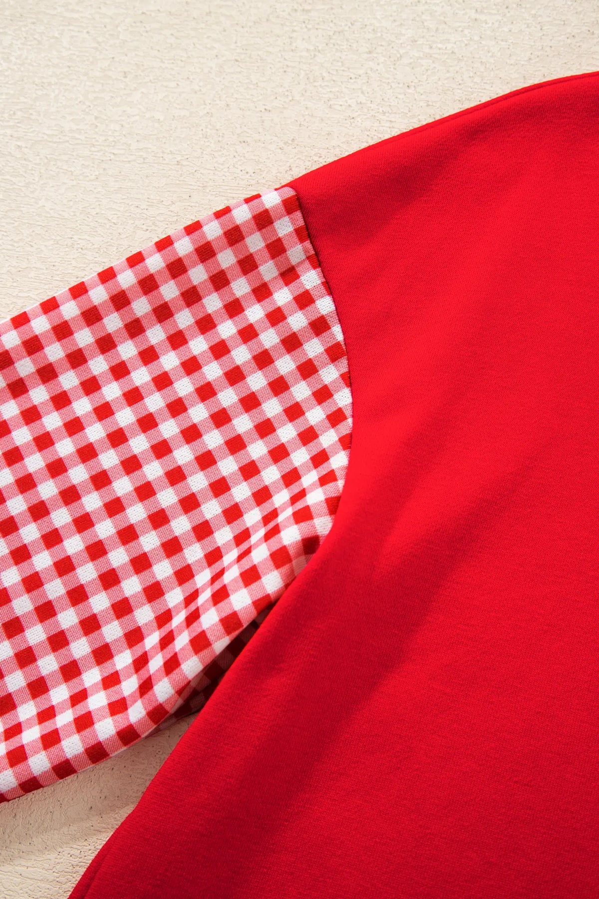 Plaid Patchwork Long Sleeve Top Solid Drawstring Shorts Set – Red