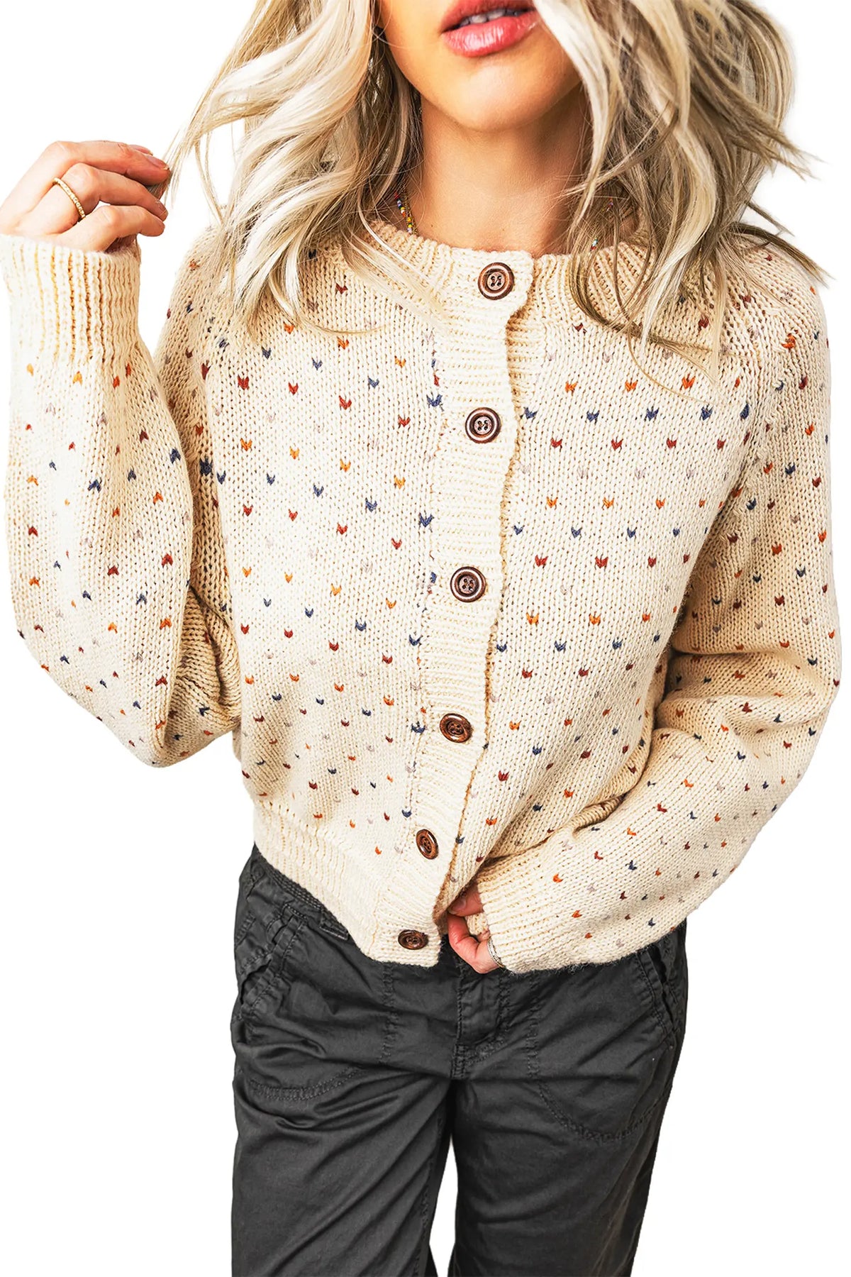 Geometric Print Button Front Long Sleeve Regular Fit Cardigan – Beige