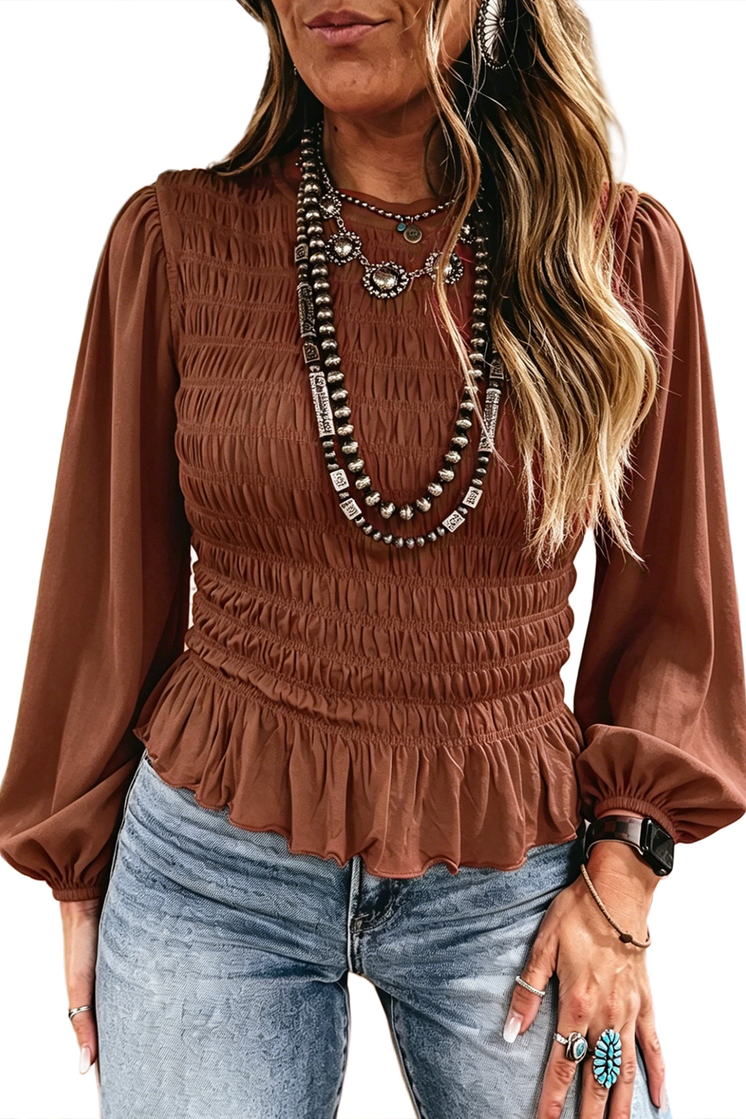 Solid Color Smocked Ruffle Hem Long Sleeve Blouse – Bright Green