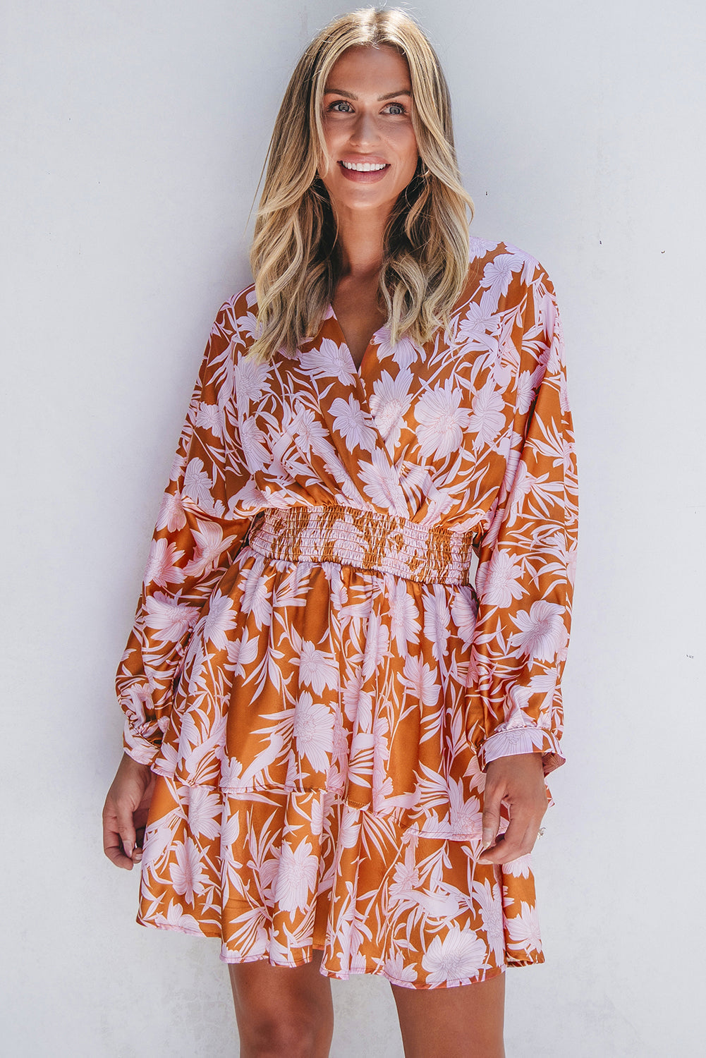 Brown Floral Puff Sleeve Smocked Waist Layered Dress eAura