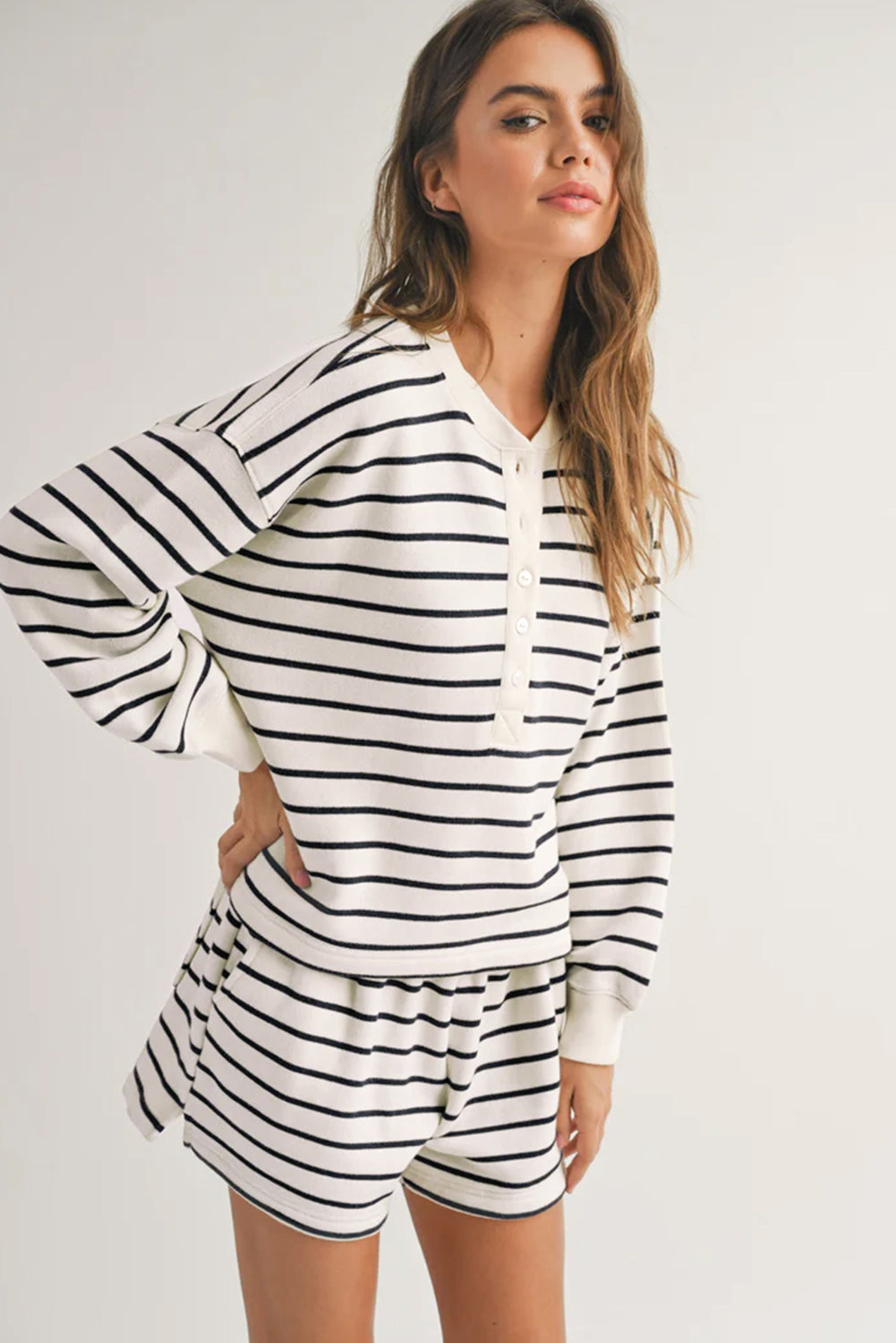 Black white Stripes Printed Half Button Long Sleeve Top and Shorts Set BB Fashion Outlet
