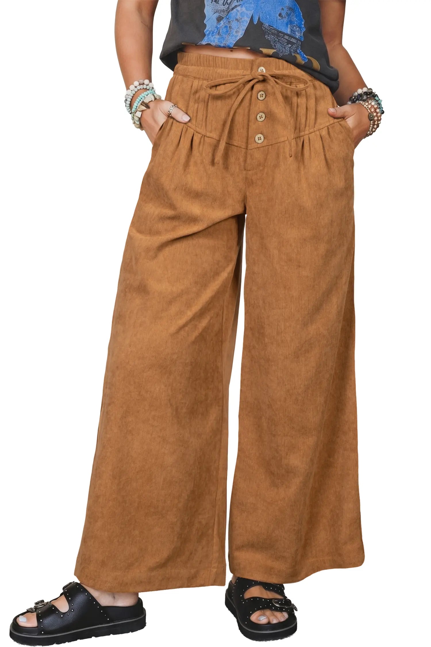 Thai Curry Elastic Waist Wooden Button Placket Ankle Length Wide Leg Pants