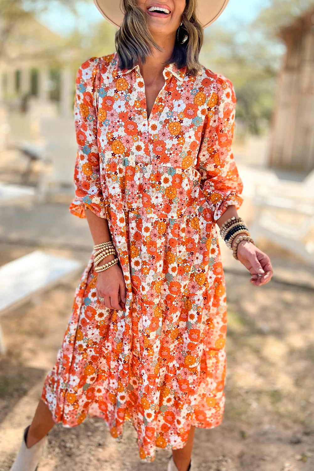 MultiColour Boho Floral Collared Long Sleeve Ruffled Dress eAura
