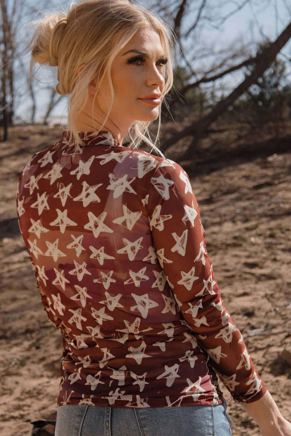 Mesh Star Print Mock Neck Sheath Long Sleeve Top BB Fashion Outlet