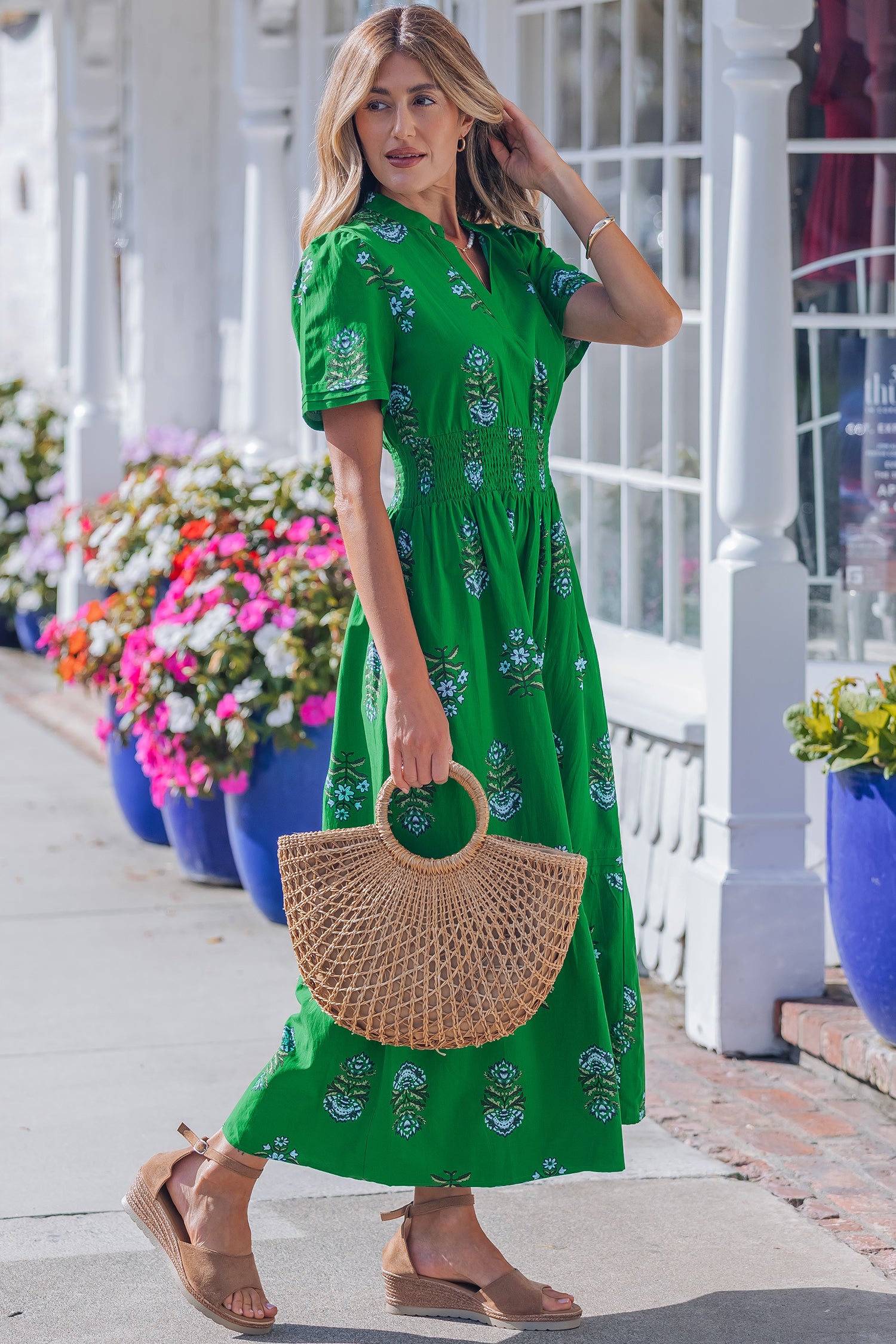 Floral Print Split Neck Shirred Waist Ruffle Hem Maxi Dress