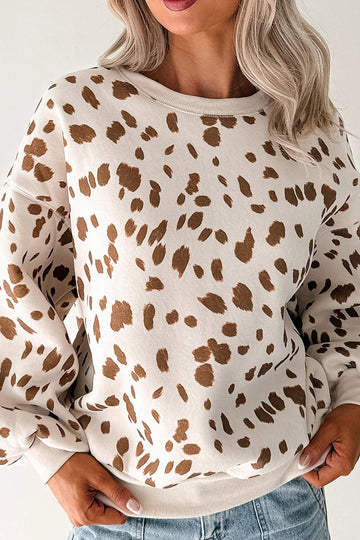Leopard Print Dropped Shoulder Round Neck Casual Sweatshirt – Brown