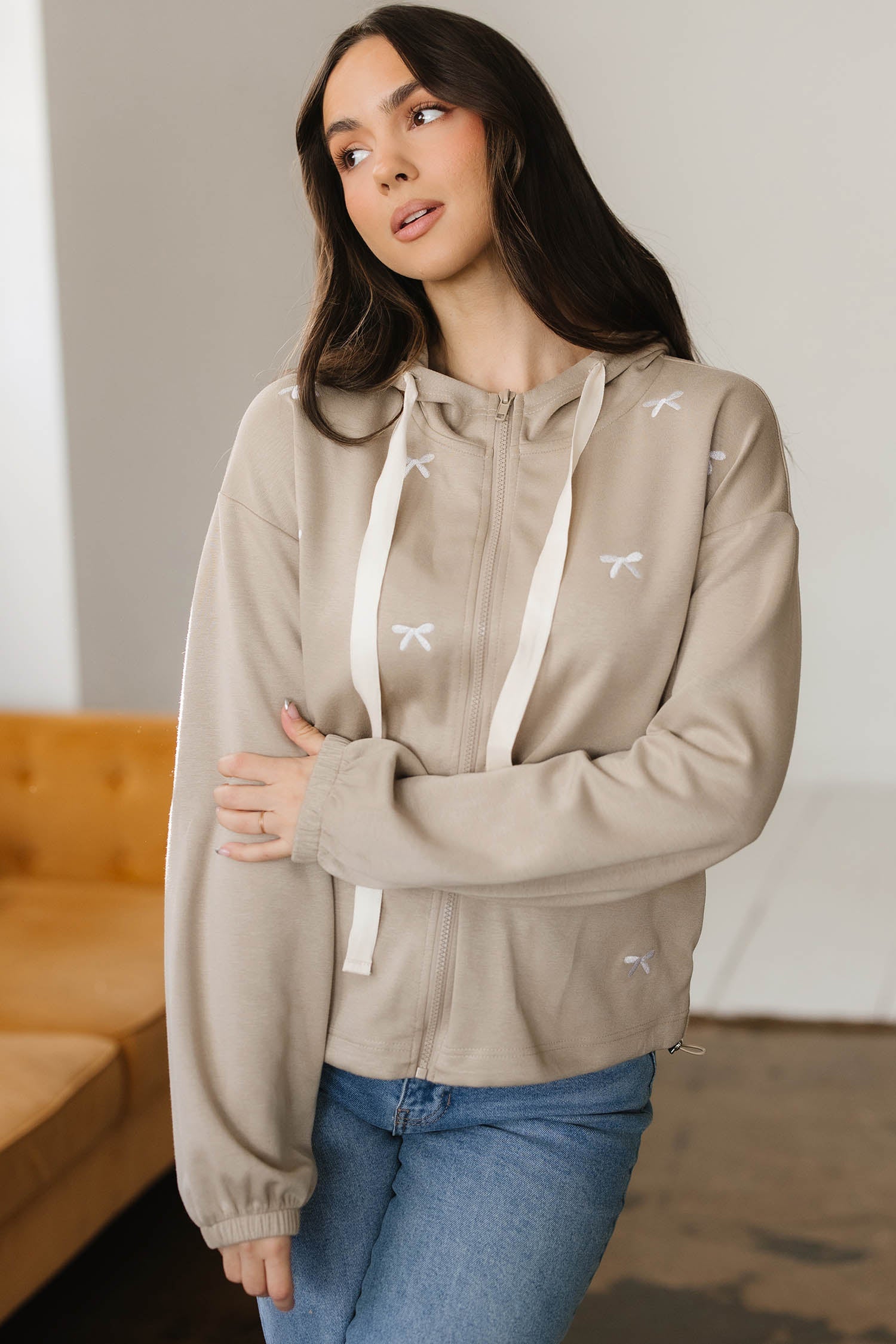 Bow Embroidered Zip Up Jacket Hoodie - Tops/Sweatshirts & Hoodies