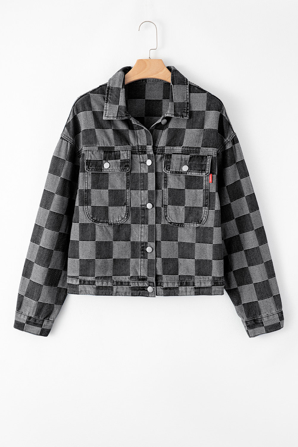 Light Blue Checkered Patchwork Button up Denim Jacket Beagle Boutique Fashion Outlet
