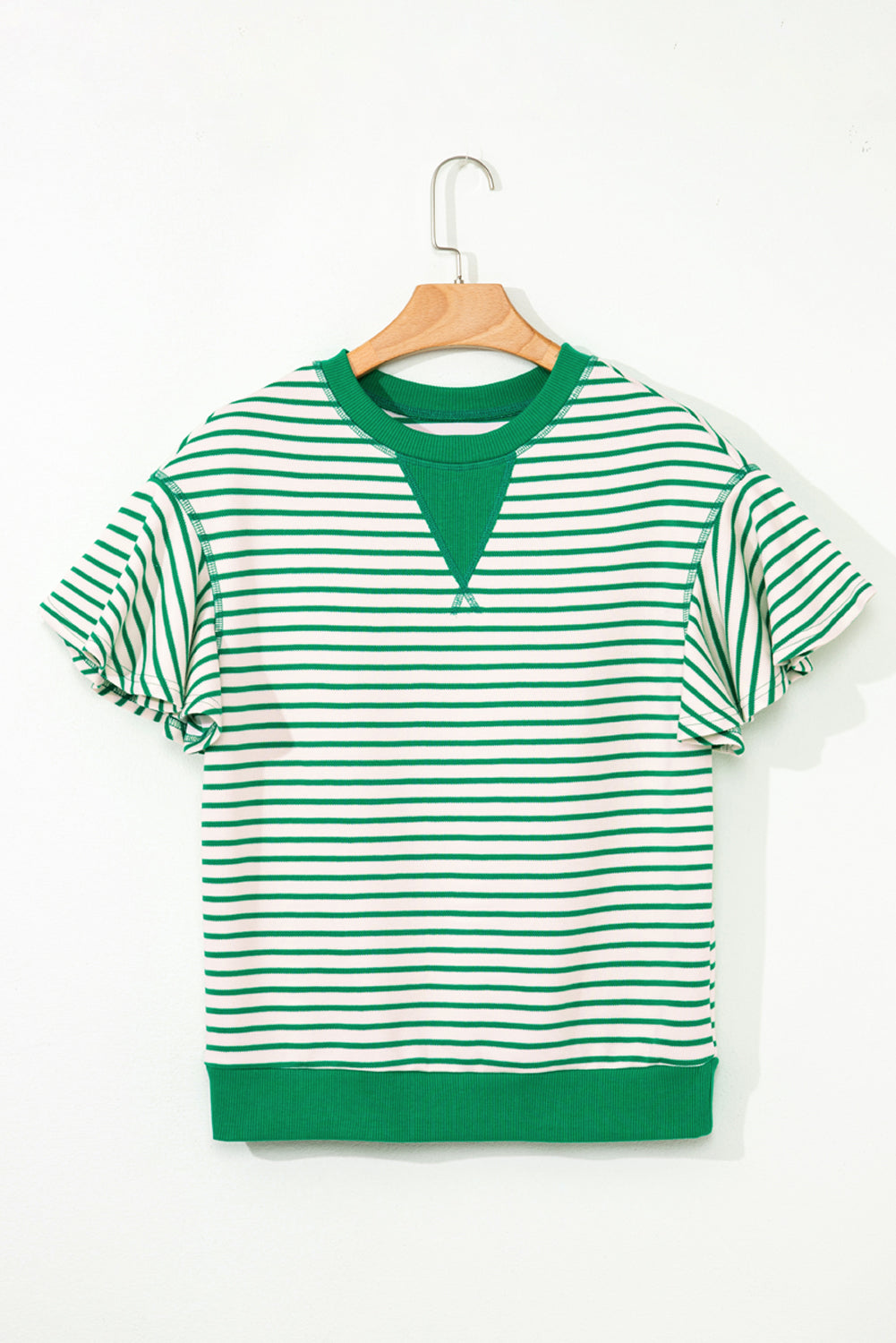 Contrast Detail Striped Ruffle Short Sleeve Top eAura