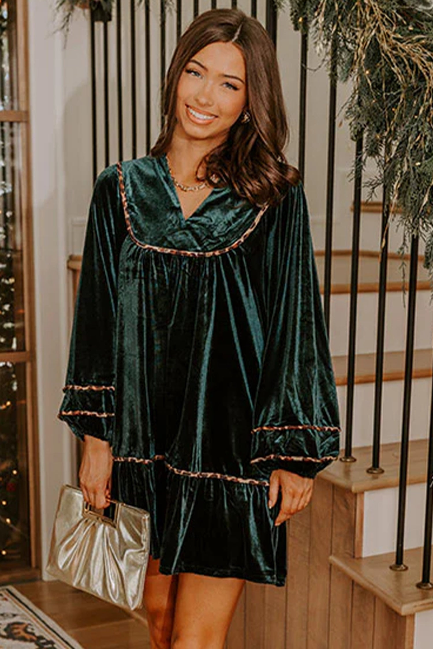 Leopard Trim Velvet Long Sleeve Shift Dress – Blackish Green