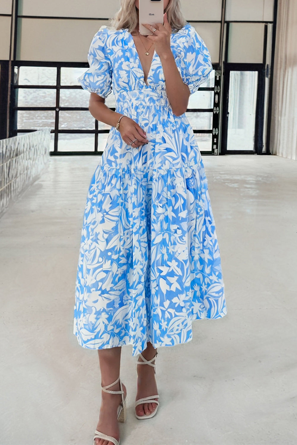 Sky Blue Floral V Neck Puff Short Sleeve Flowy Long Dress Dear-Lover Dropshipping