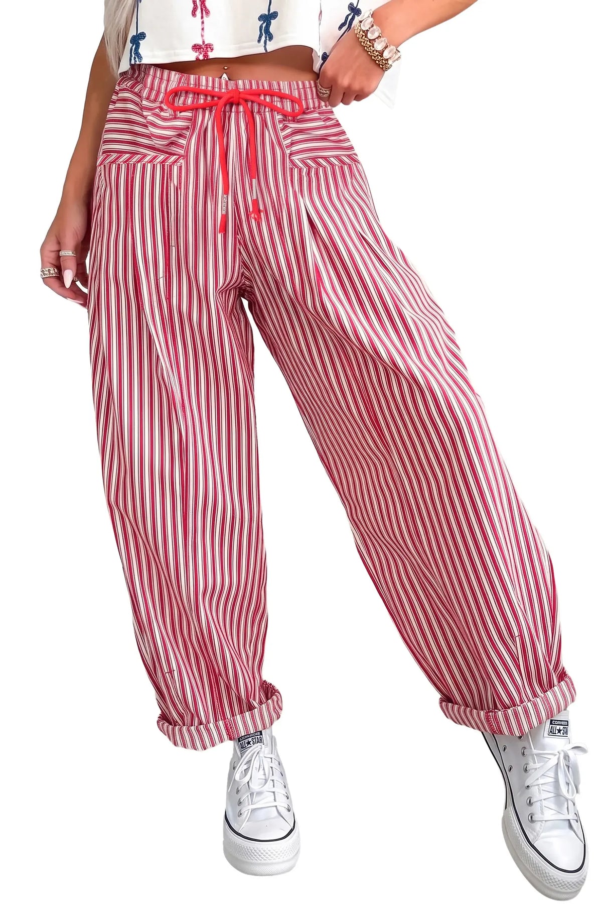 Drawstring Casual Loose Pants – Red Stripe