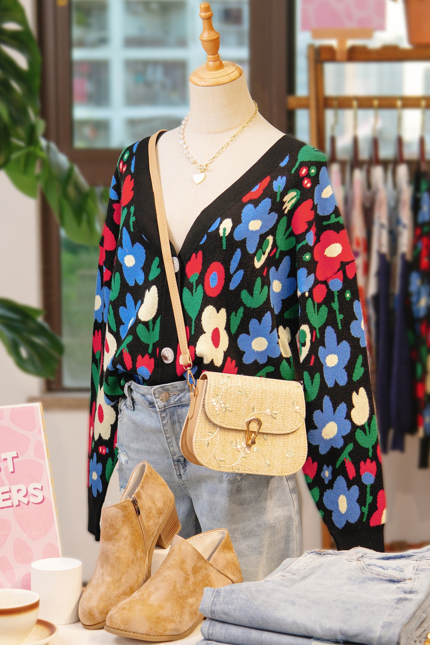 Floral Print V-Neck Buttoned Short Cardigan Sweater - eAura