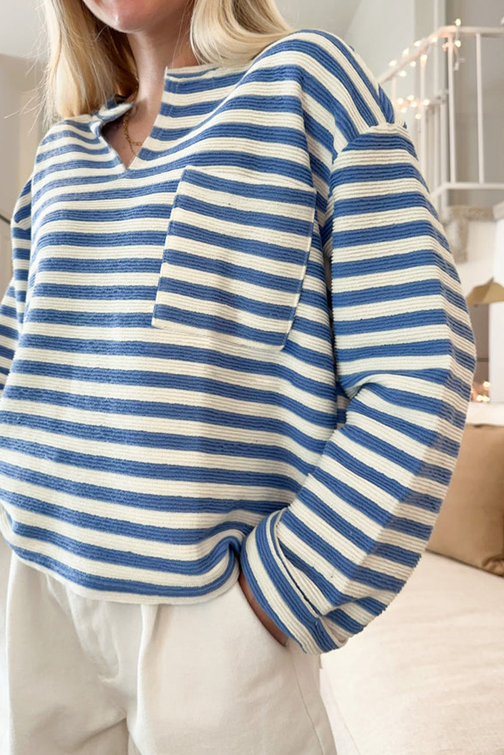 Sky Blue Stripe Chest Pocket Buttoned Back Notched V Neck Top eAura