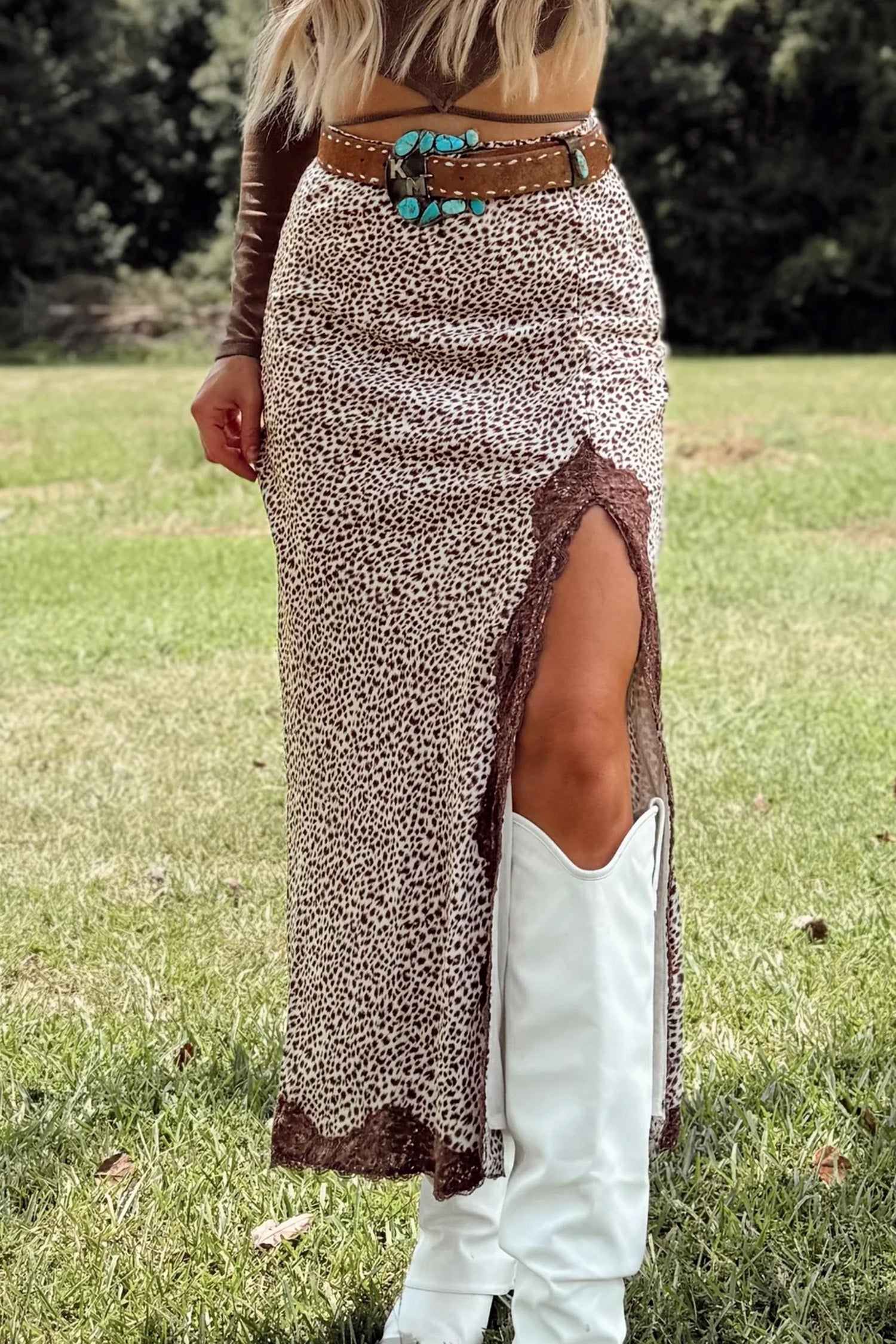 Cheetah Print Trim Split Long Western Skirt – Brown