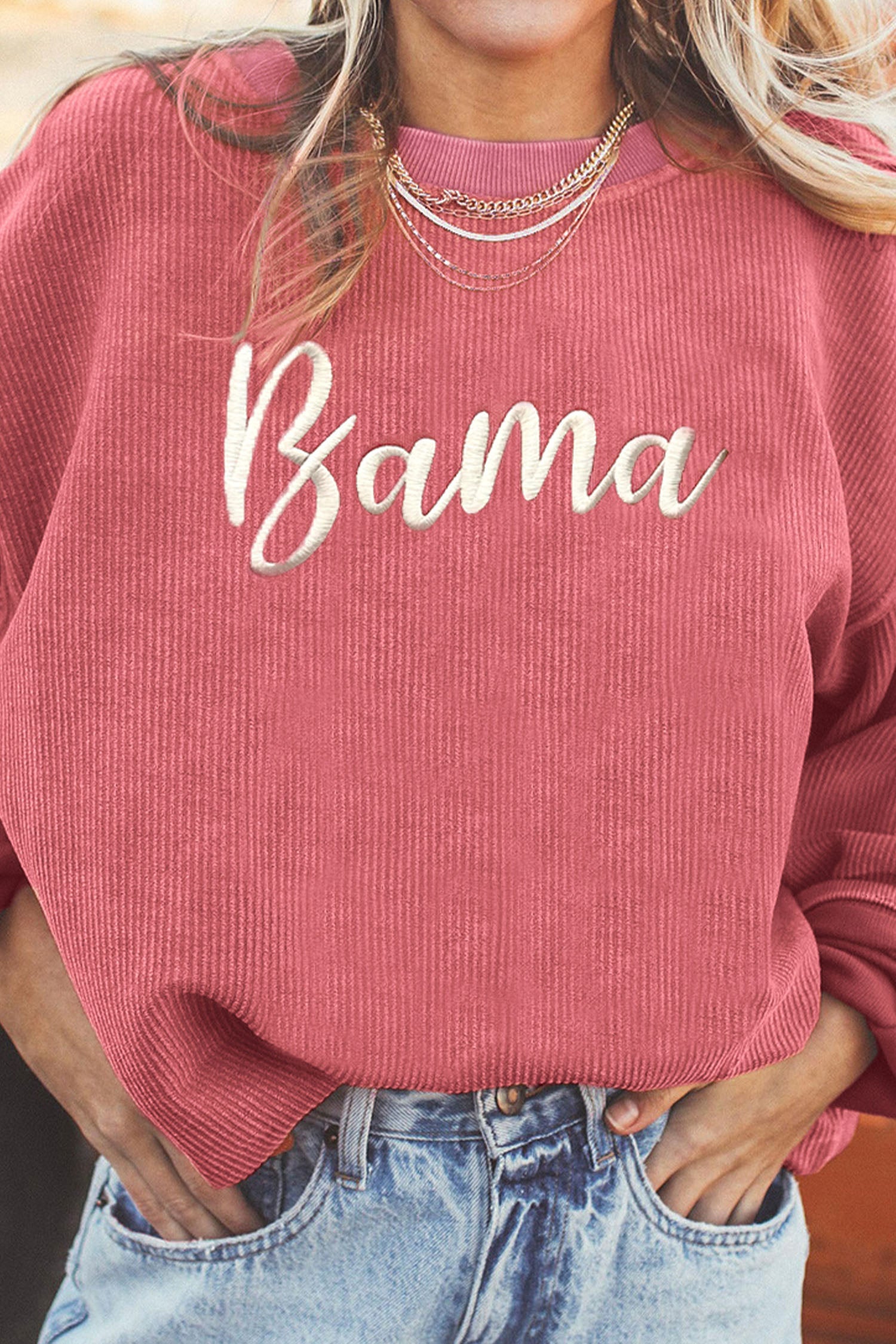 Pink Ribbed Bama Embroidered Letter Graphic Sweatshirt - Graphic/Graphic Sweatshirts