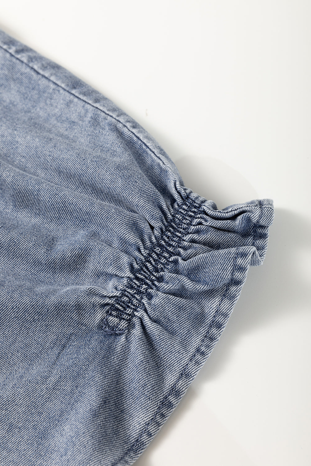 Dusk Blue V Neck Ruffled Short Puff Sleeve Denim Top - eAura