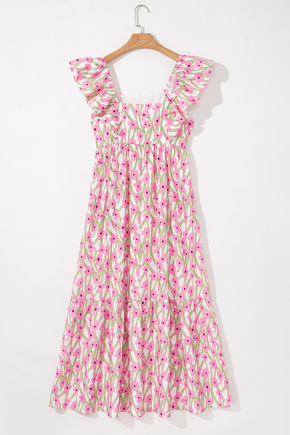 Pink Floral Print Square Neck Ruffled Strap Maxi Dress eAura