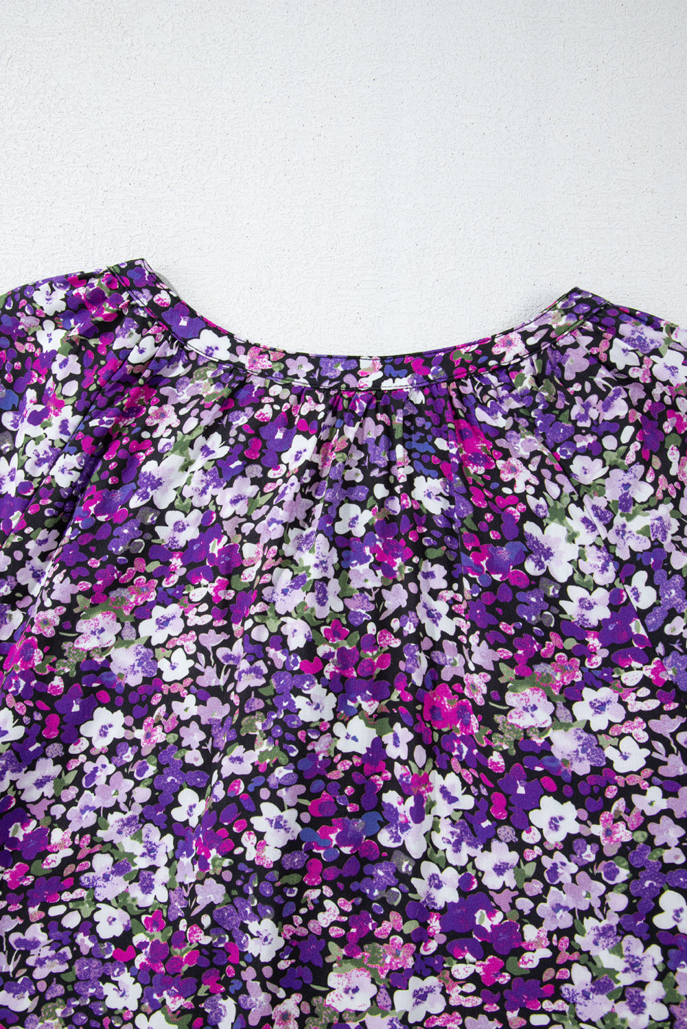 Purple Boho Flower Split V Neck Bubble Sleeve Blouse eAura