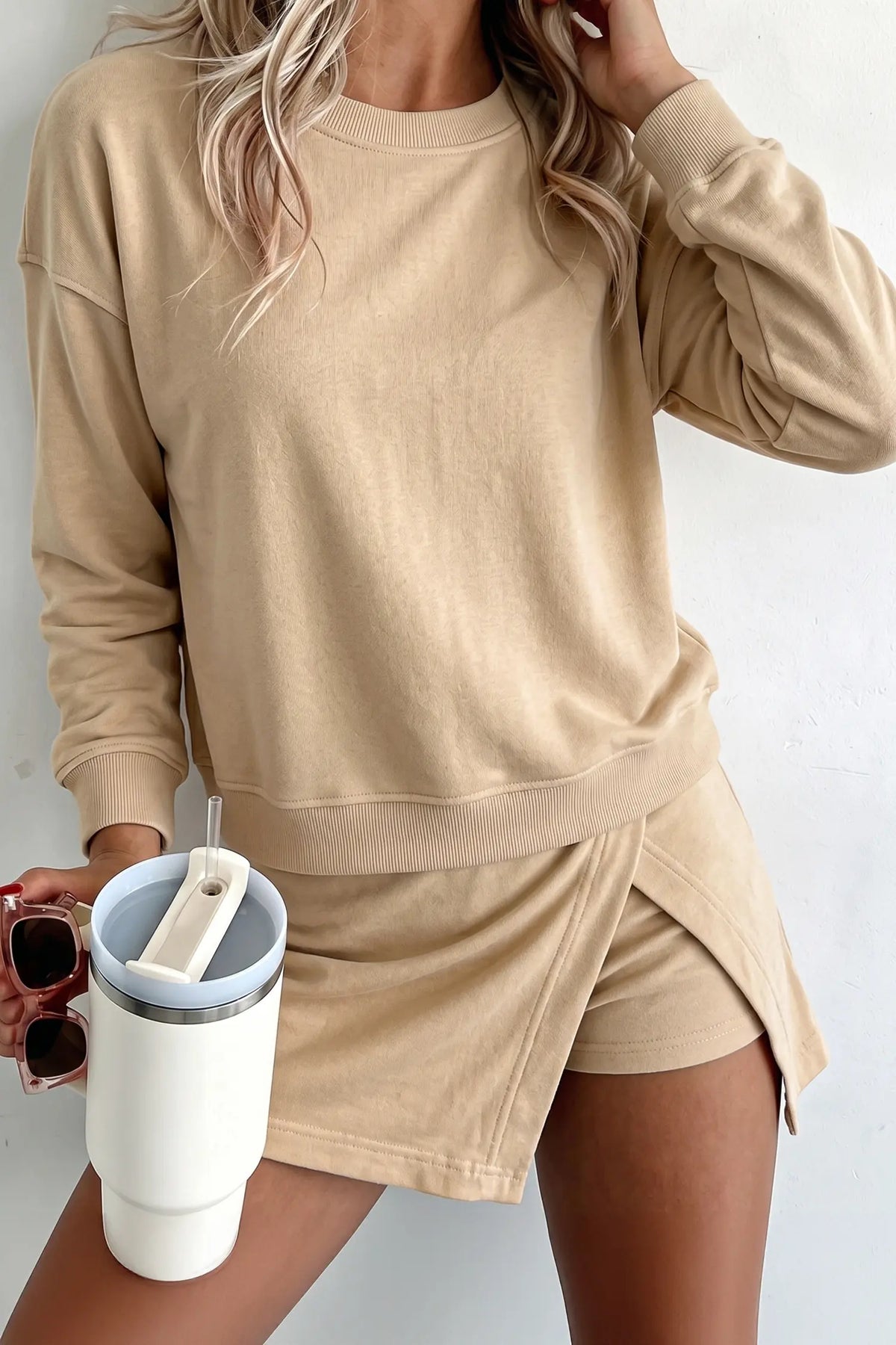 Solid Colour Long Sleeve Top Split Skort 2pcs Outfit – Parchment