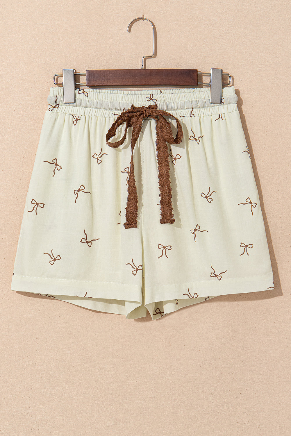 White Bow Print Lace Drawstring Casual Shorts eAura