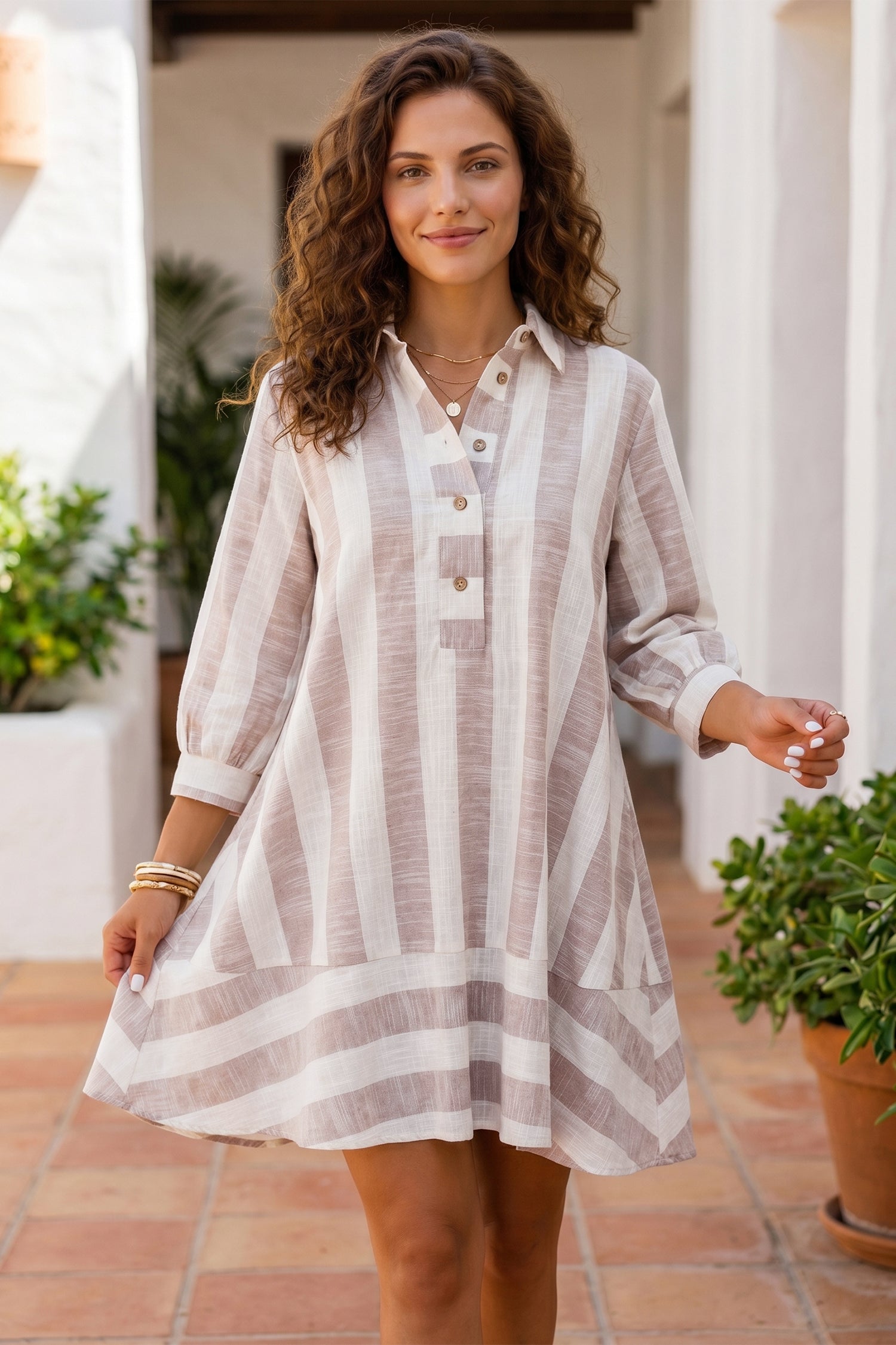 Striped Button-Up Three-Quarter Sleeve Short Shift Dress – Khaki Stripe