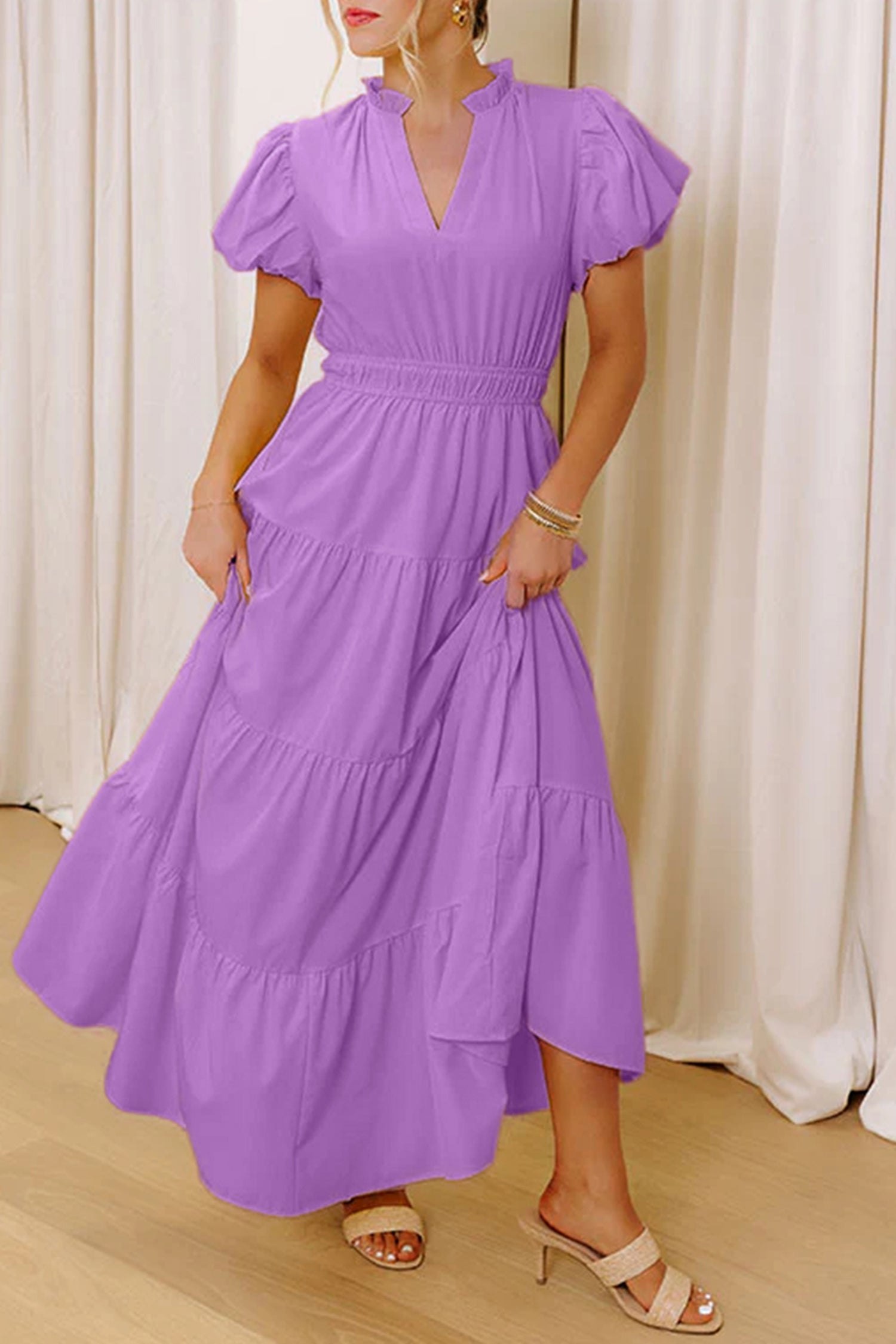 V-Neck Short Puff Sleeve Tiered Maxi Dress
