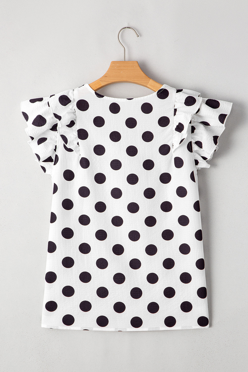 White Polka Dot Print Ruffled Sleeve V Neck Blouse eAura