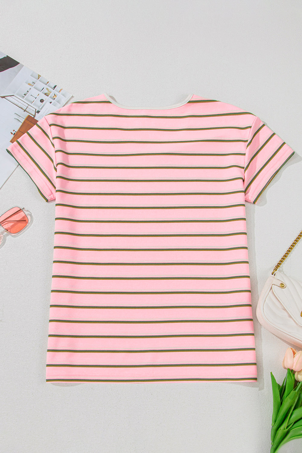 Pink Stripe V-Neck Slim Fit Casual T-Shirt eAura