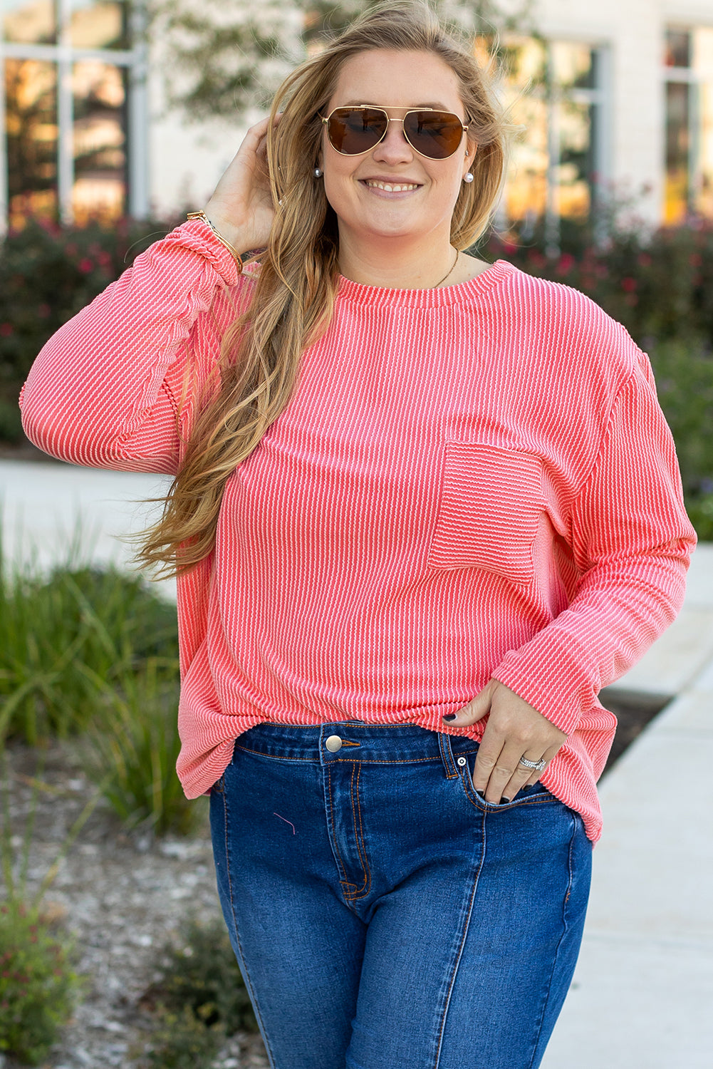 Peach Blossom Plus Size Ribbed Textured Long Sleeve T Shirt BB Fashion Outlet