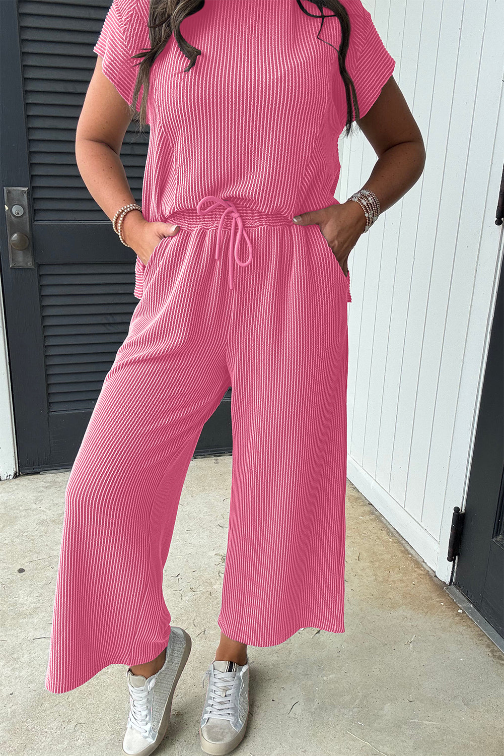 Bright Pink Solid Ribbed Knit Short Sleeve T Shirt and Wide Leg Trousers Set eAura