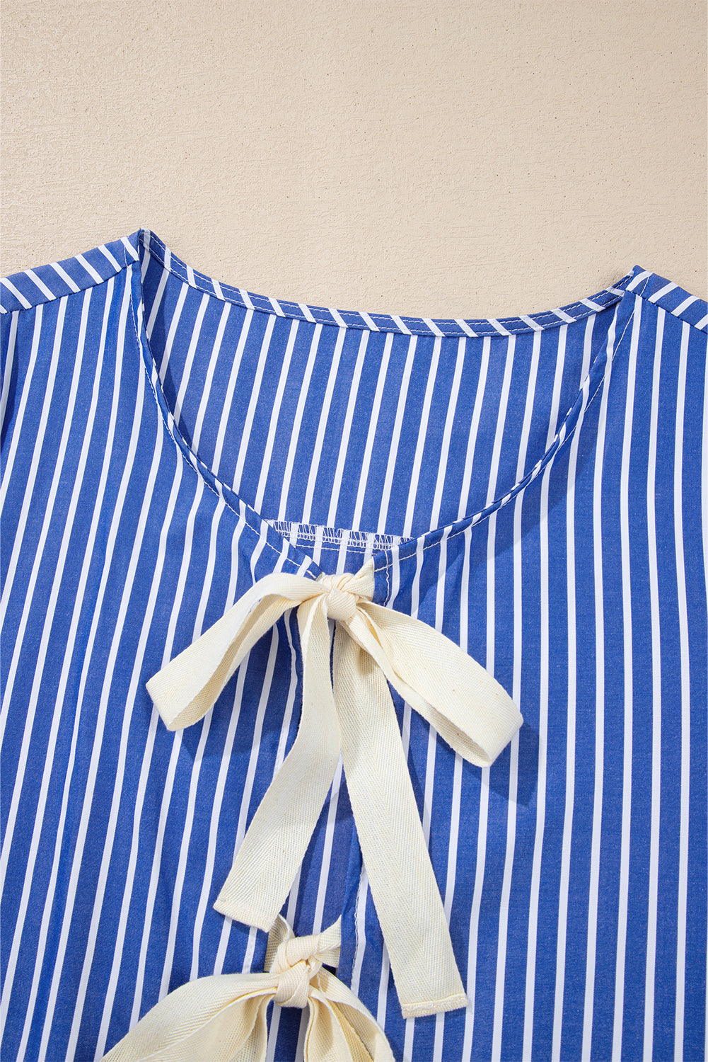 Blue Stripe Tied Front Puff Short Sleeve Blouse eAura