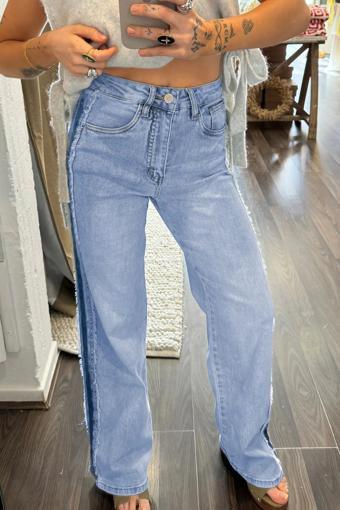 Contrast Stripe Frayed Side Panel Patchwork Jeans