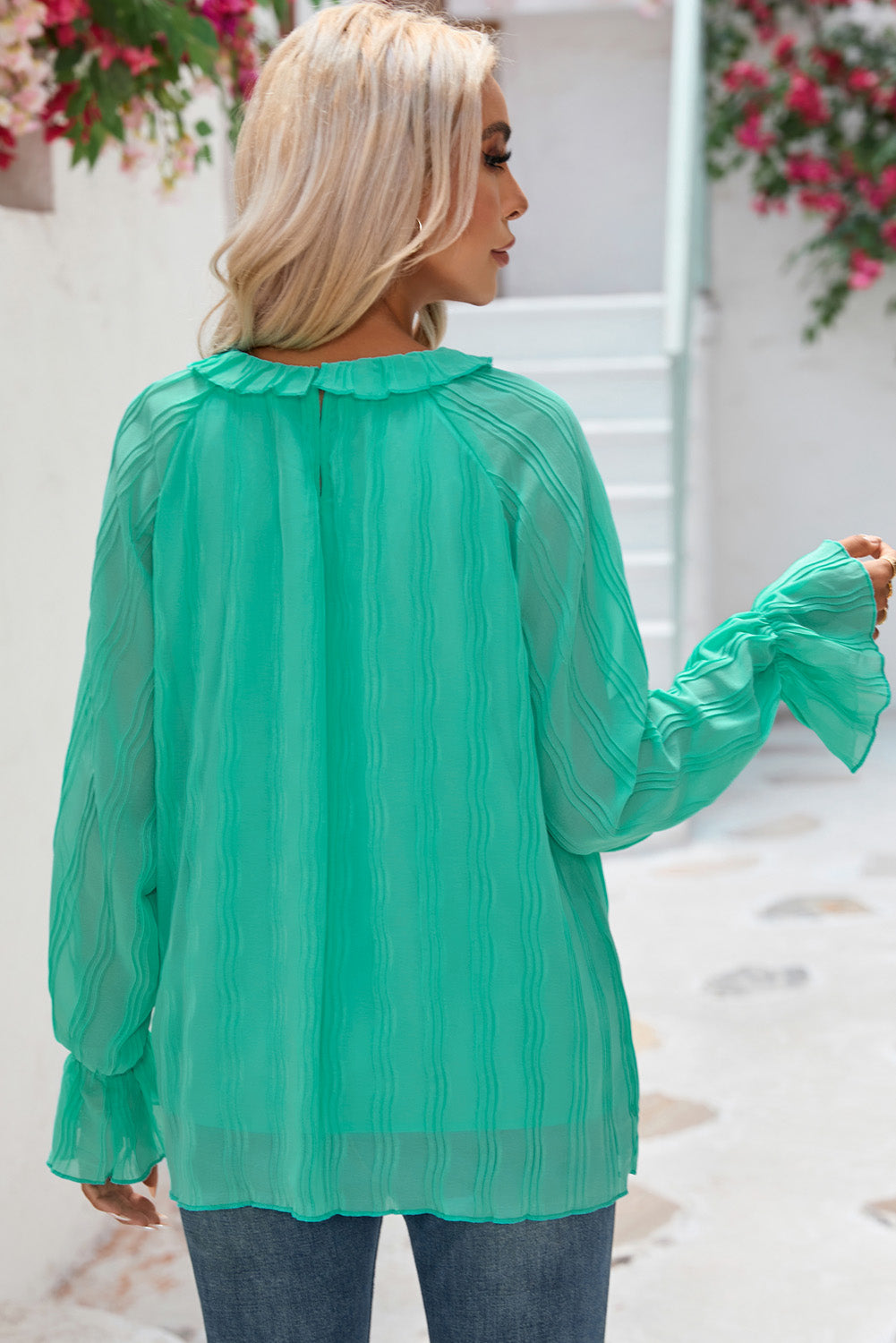 Green Striking Pleated Flared Cuff Long Sleeve Blouse eAura