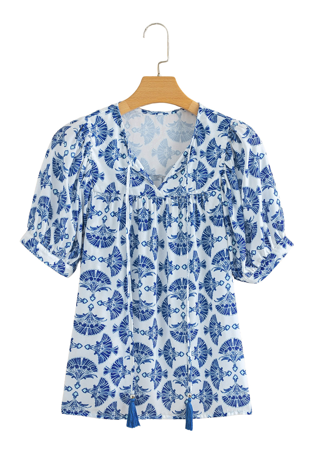 Blue Geometric Print Tassel Drawstring V-Neck Blouse eAura