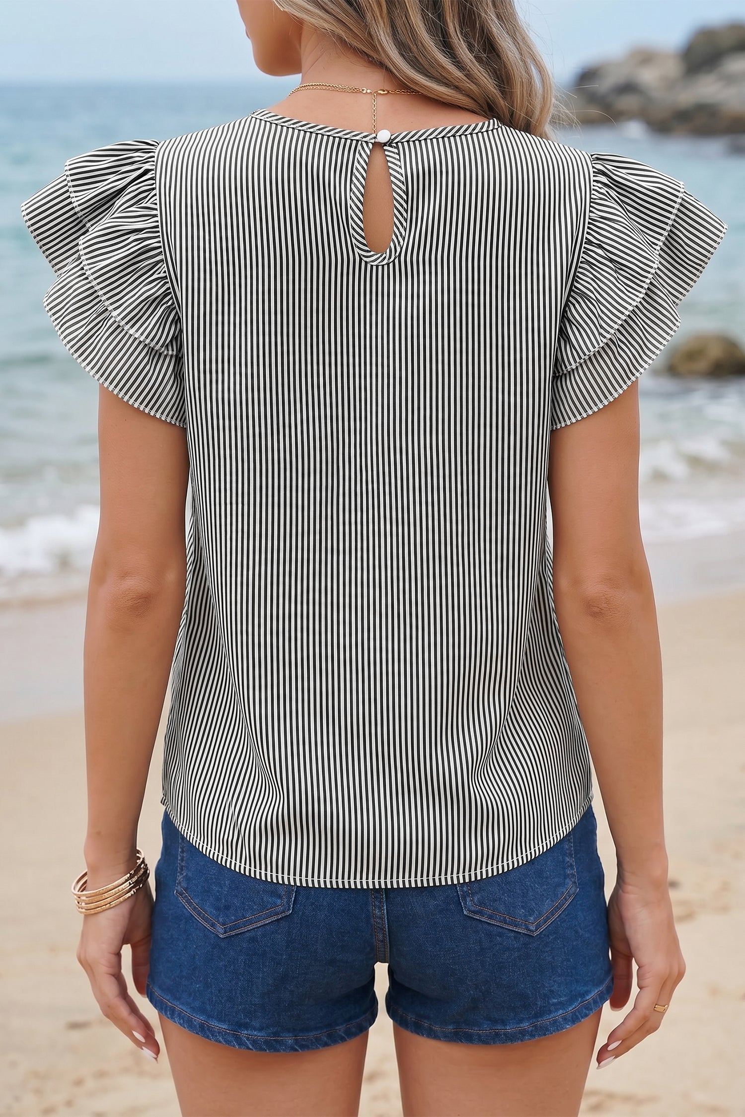 Striped Ruffle Sleeve Short Sleeve Round Neck Casual Shift Blouse – Black Stripe