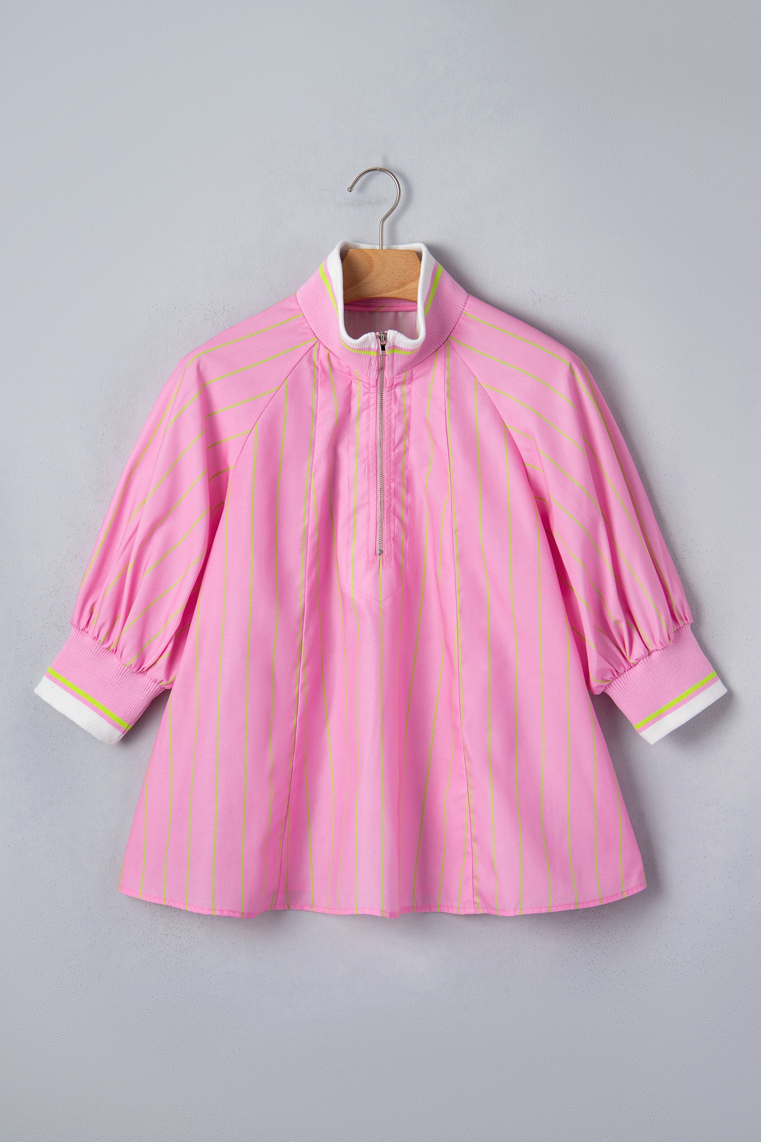 Striped V-Neck Half Sleeve Zipper Ribbed Cuff Casual Shift Blouse – Pink Stripe