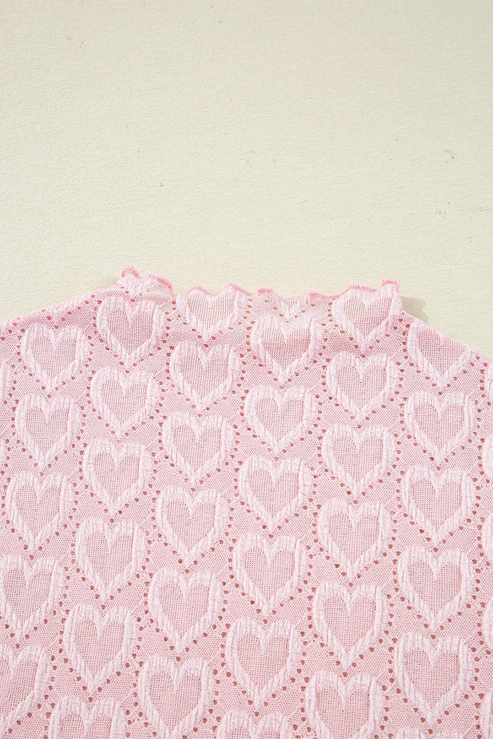 Gossamer Pink Heart Jacquard Flare Sleeve Mock Neck Fitted Top