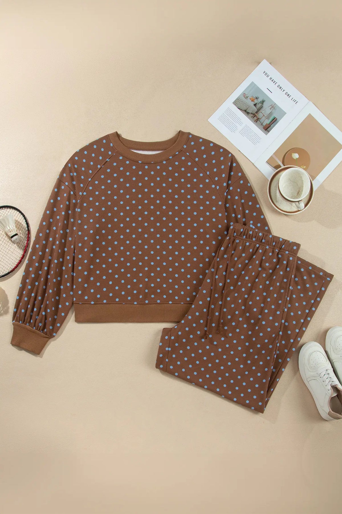 Polka Dot Round Neck Long Sleeve Plus Size Set – Brown