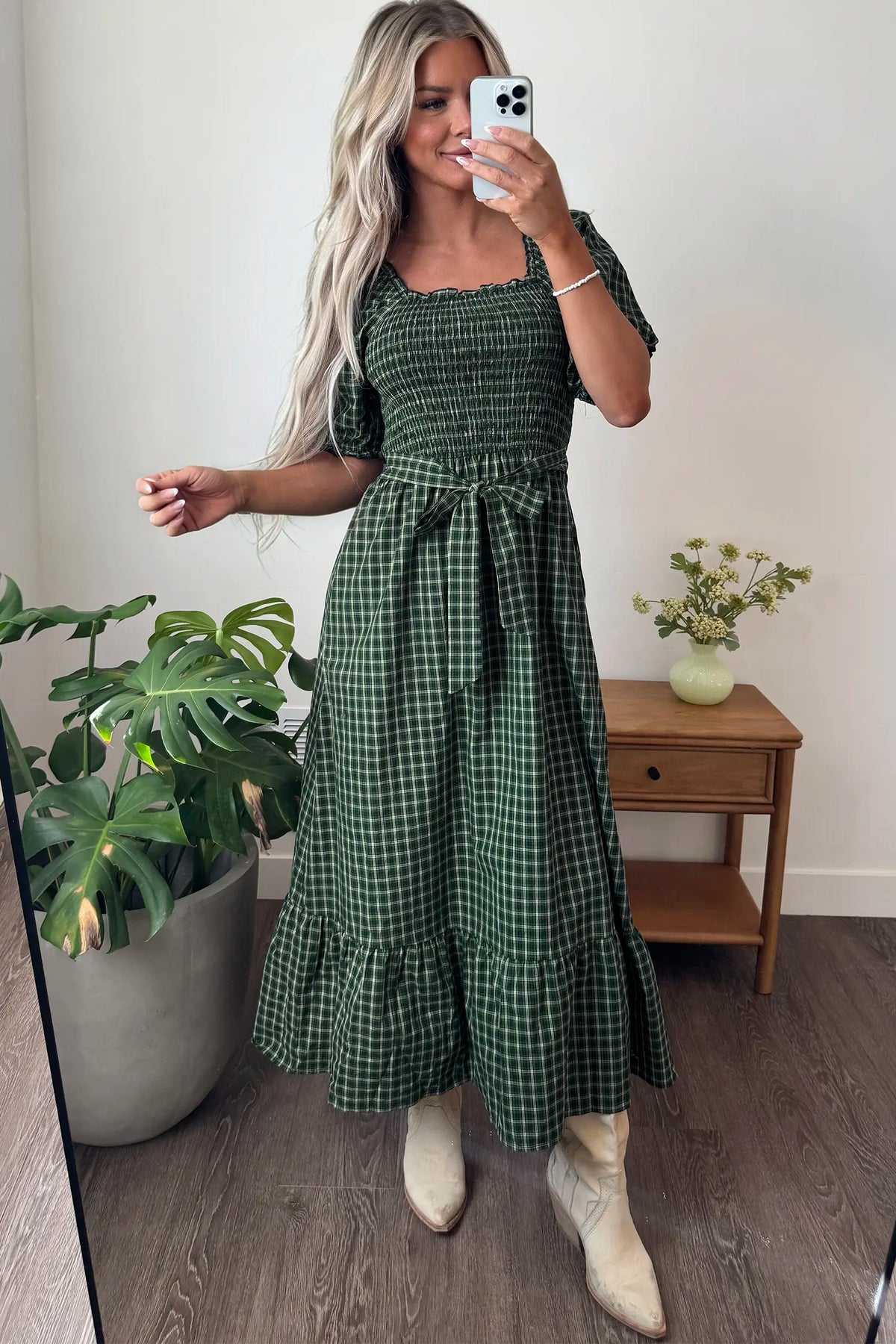 Plaid Square Neck Shirred High Waist Ruffle Hem Dress – Green