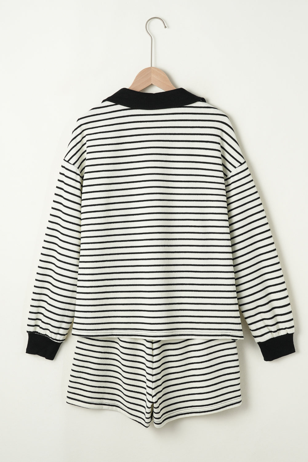 Black Stripe Collared Long Sleeve Top and Drawstring Shorts Set eAura
