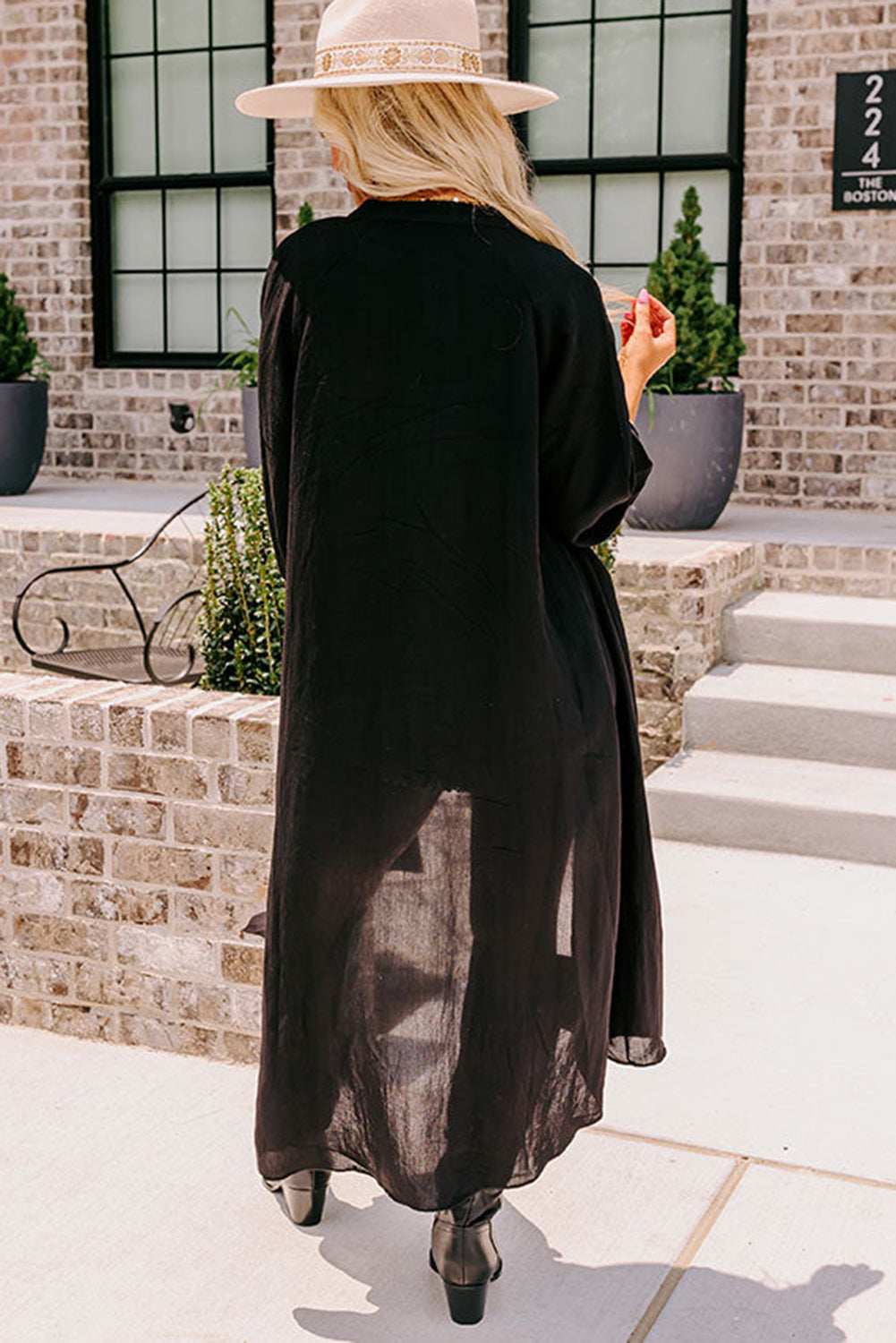 Black 3/4 Sleeve Button Up Long Kimono eAura