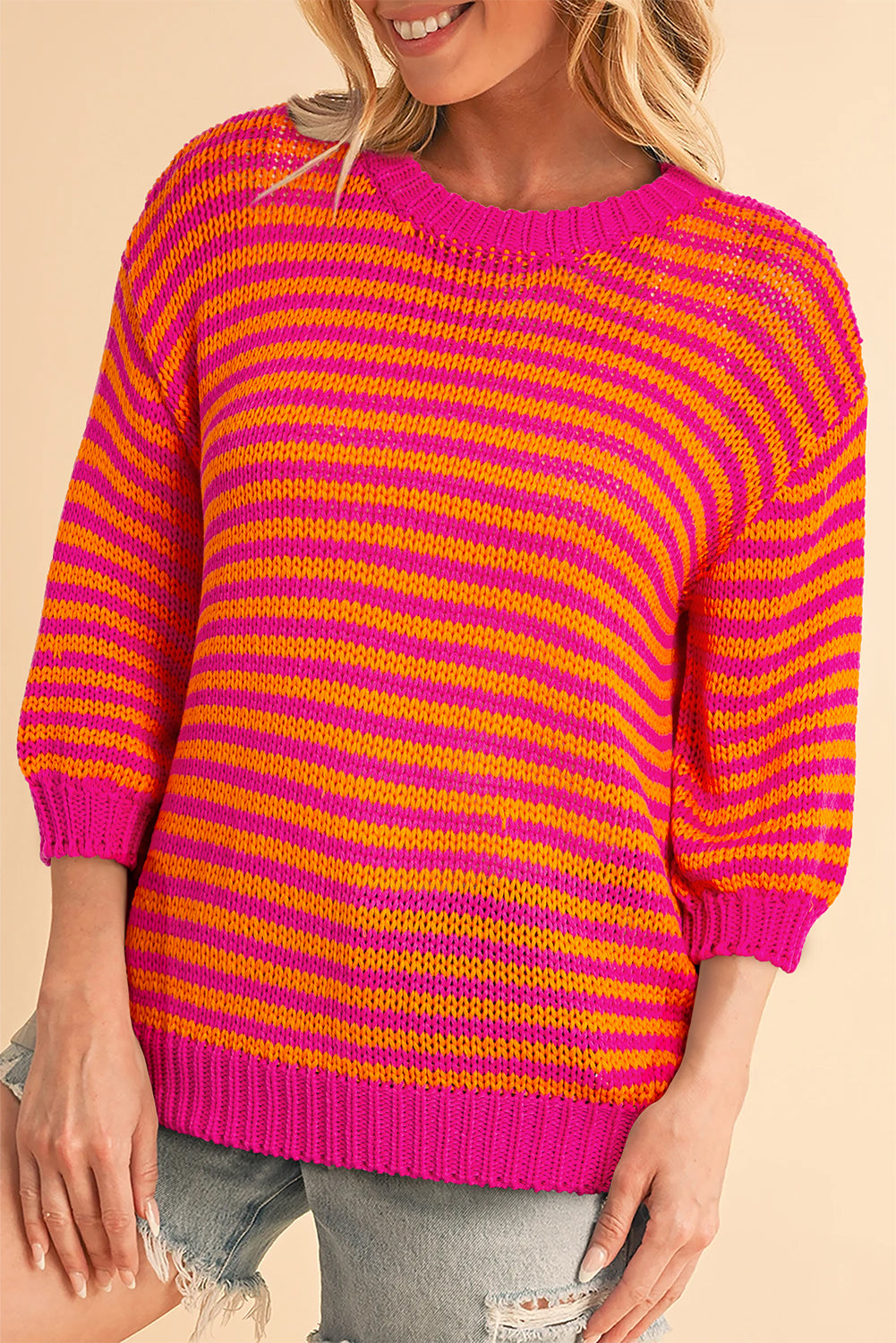 Rose Stripe 3/4 Puff Sleeve Drop Shoulder Sweater eAura