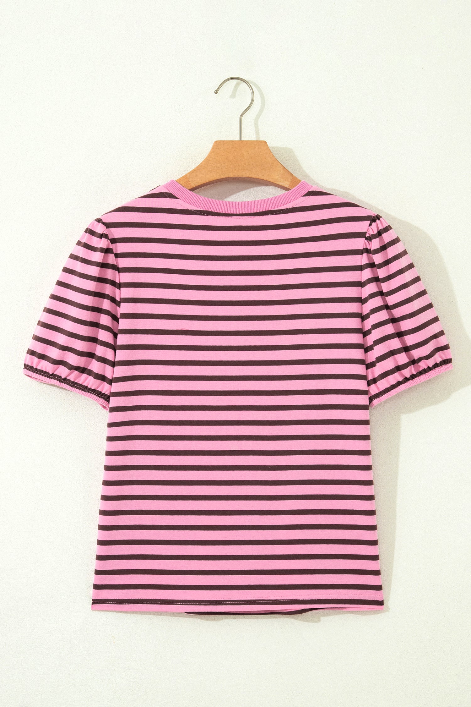 Rose Stripe V-Neck Puff Sleeve Top – Ribbed Collar & Cuff Detail