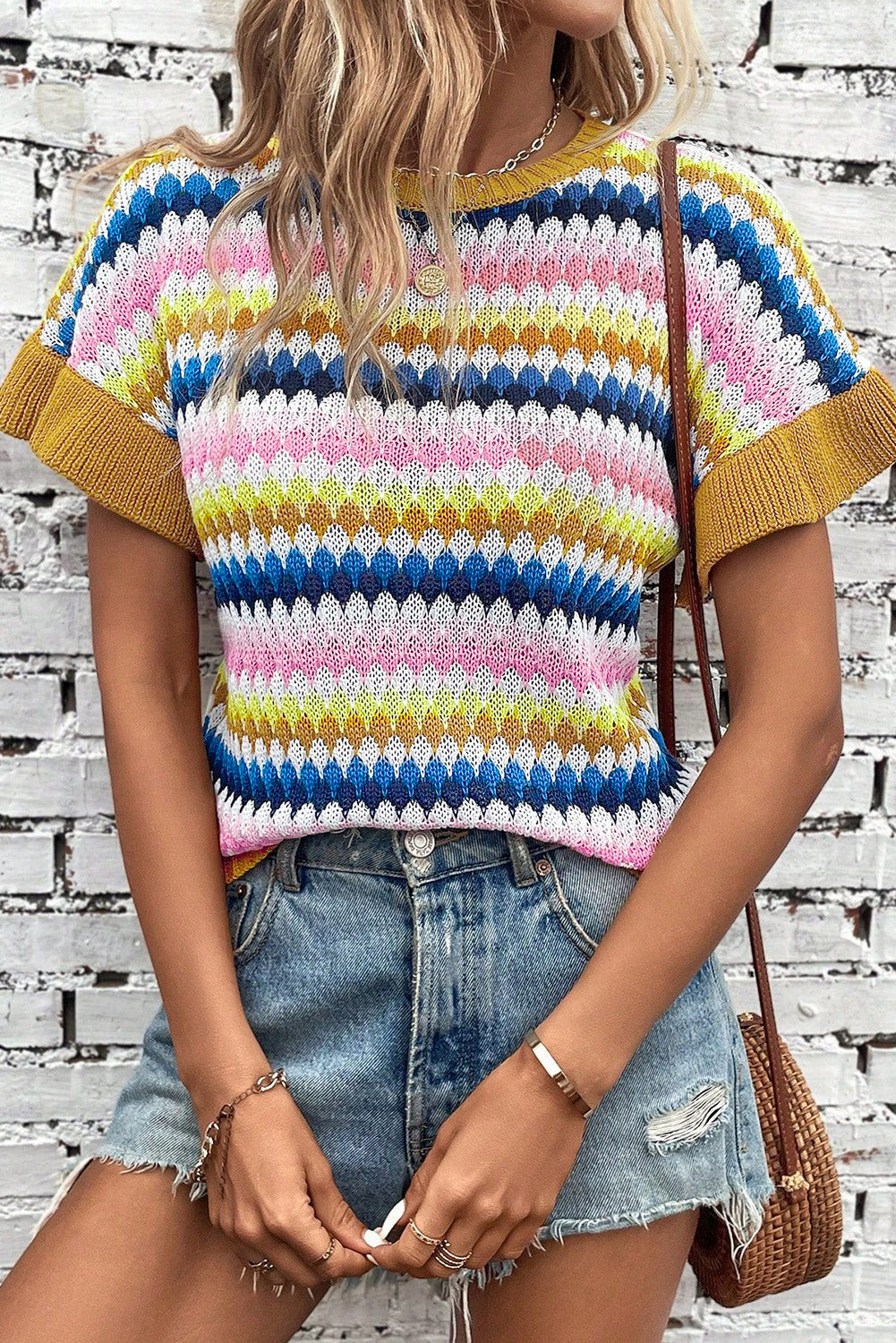 Khaki Trimmed Ruffle Sleeve Colourful Textured Sweater eAura